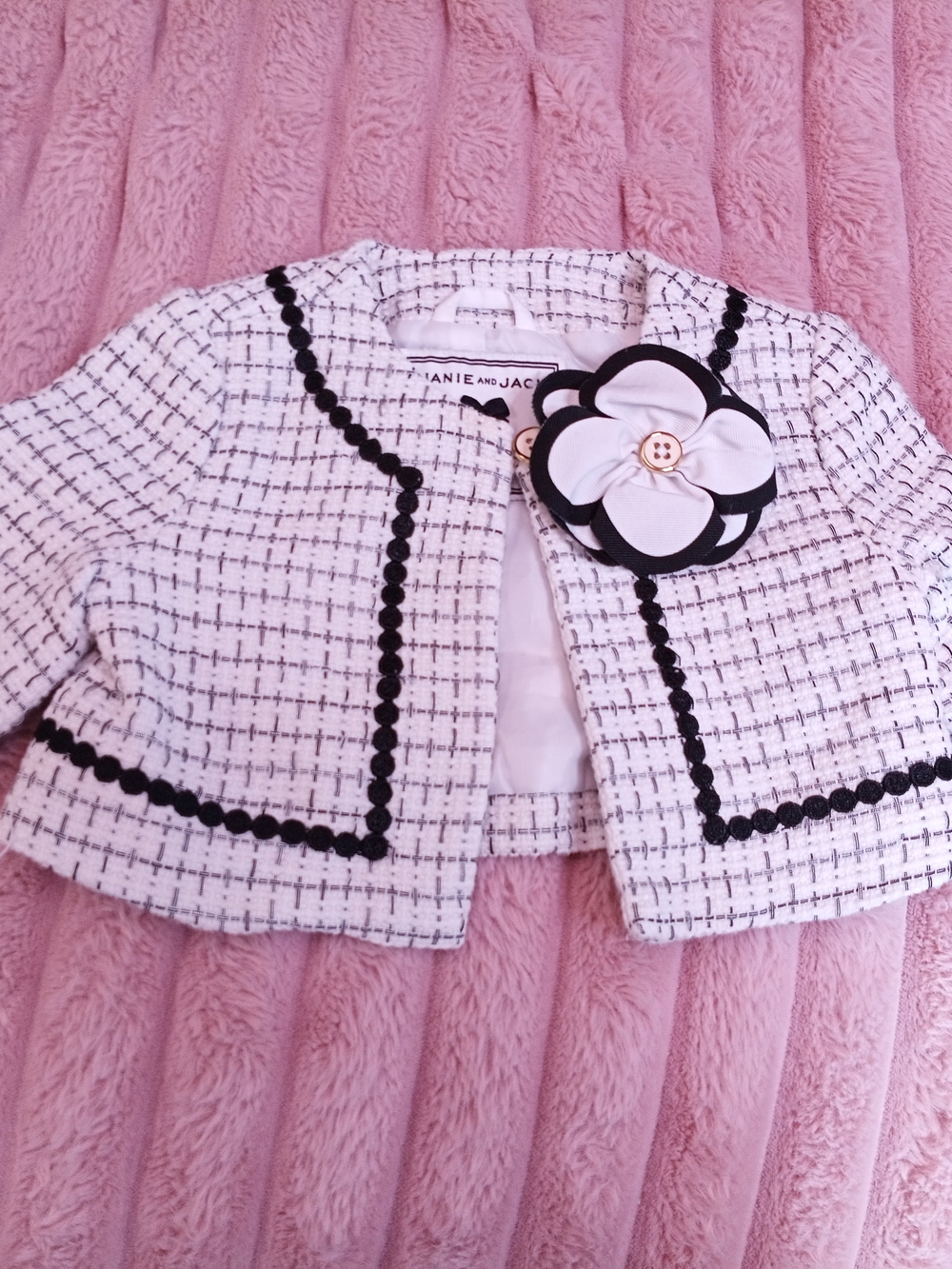 Janie and Jack White Tweed Cropped Jacket with Black Trim & Flower Brooch